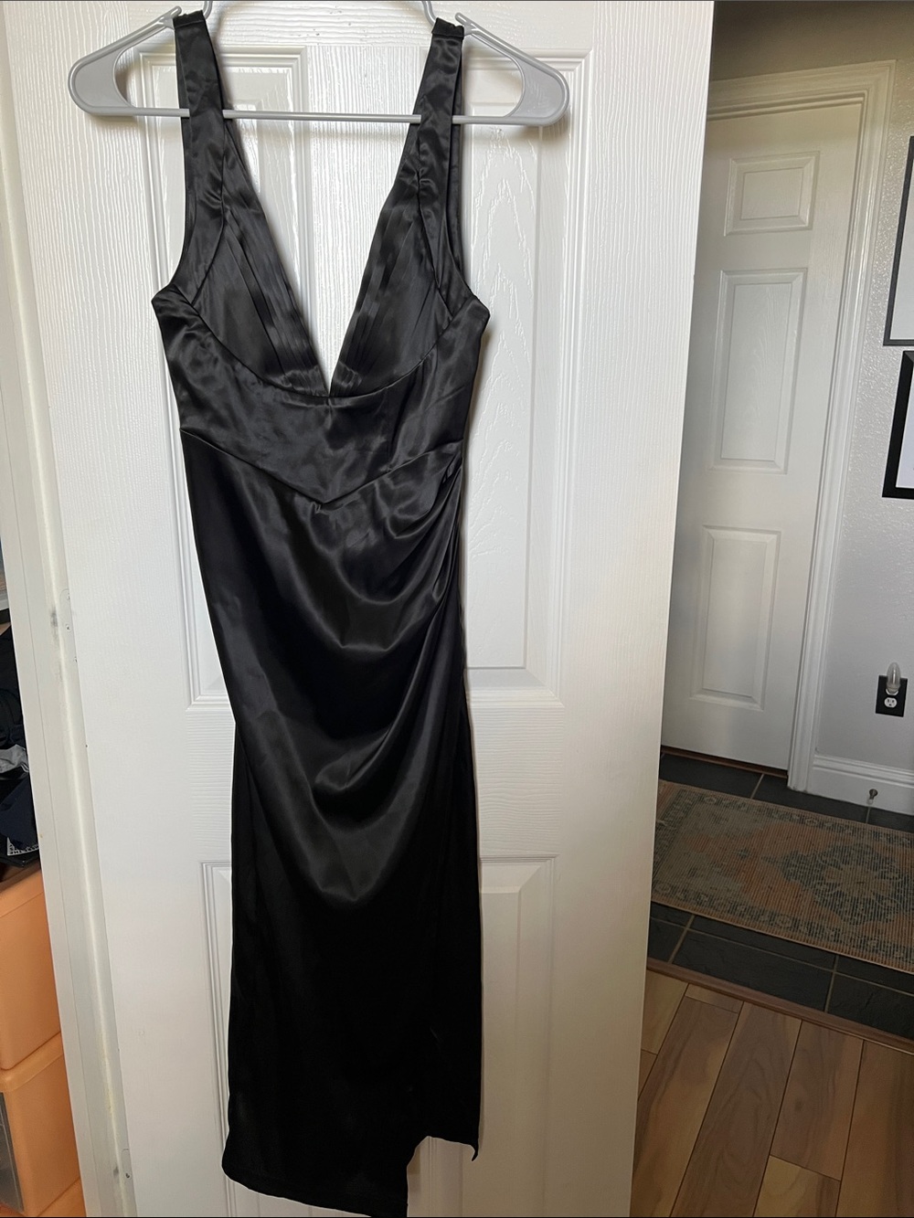 Hello Molly Black Satin V-Neck Midi Dress